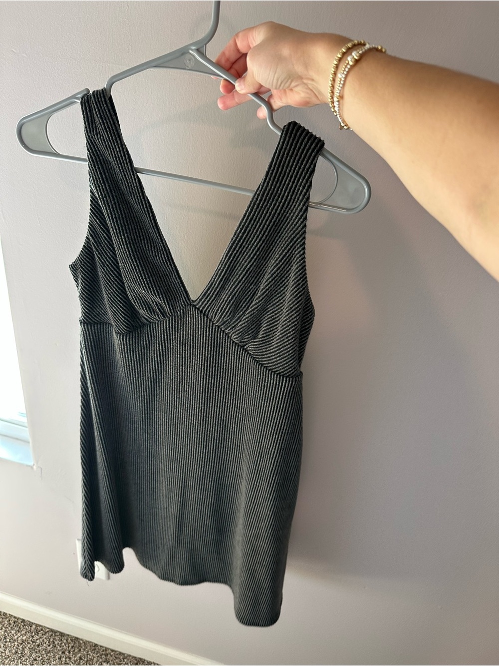 Ribbed Gray Knit Midi Slip Dress with Long-Sleeve Layered Look